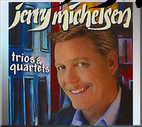 This is image is the cover of the see dee entitled Jerry Michelsen Trios and Quartets. It's a close up and stylized photo of Jerry smiling. There's a background of art decco imagery.
